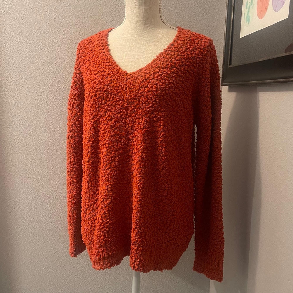 Soft, cozy, oversized v-neck boucle sweater, rusty orange, medium